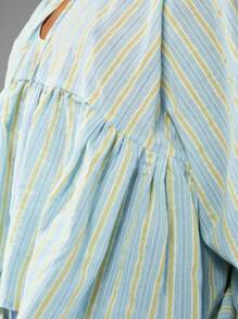 MISSGUIDED 泡泡袖衬衫前系带夏季上衣淡蓝色竖条纹高腰女性海滩度假装春季休闲日间装