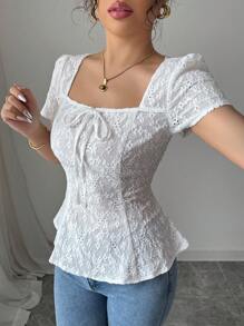 Airlisse Camiseta de mujer elegante de unicolor con bordado calado, para verano