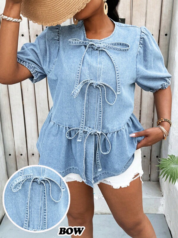 SHEIN Lady Plus Size Denim Short Sleeve Shirt, Fashionable For Summer