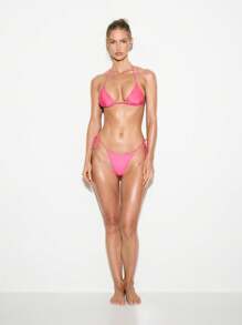 KIZN Summer Micro String Bikini Set Brazilian Cut High Leg Tie Side Adjustable Triangle Halter Neck Swimsuit Resort Vacation Beach Pool Two Piece - Hot Pink - View 3