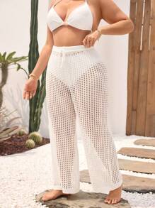 SHEIN VCAY 1 Quần dài hở eo buộc dây cỡ lớn cho kỳ nghỉ hè trên bãi biển dành cho nữ - trắng - Xem 5