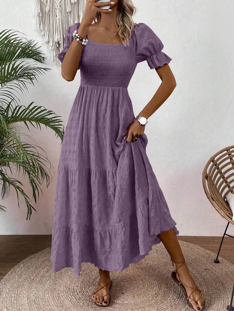 SHEIN Clasi 女式时尚纯色A字喇叭泡泡袖长裙女装 - 淺灰紫 - 查看 1