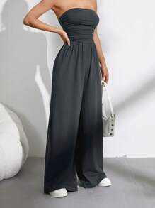 SHEIN Unity Women's Solid Color Wide Leg Casual Tube Top Pleated Loose Jumpsuit - Grey - View 4