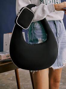 SHECARRY 女士单肩包尼龙秋季夏季冬季学院风学校假日街头旅行通勤工作简约 Y2k 朋克未来流浪包都市科技风小号可折叠可拆卸学生包 - 黑色 - 查看 8