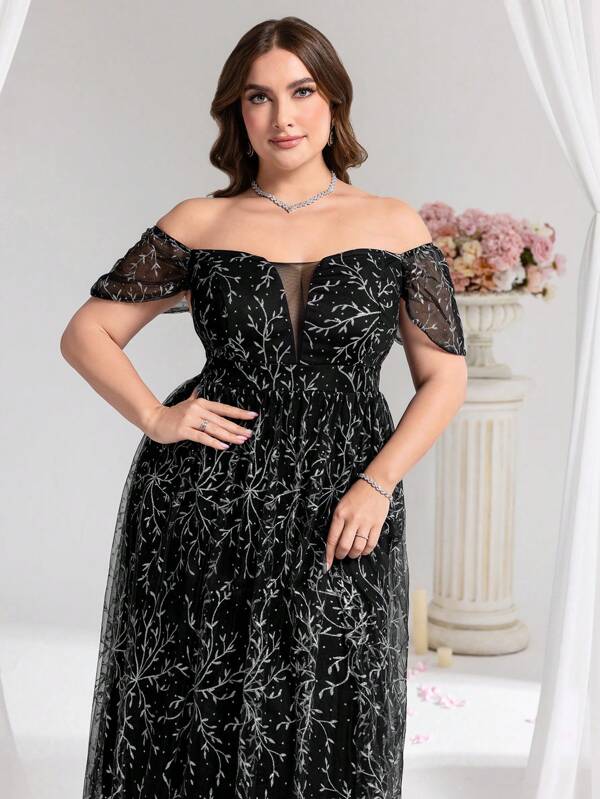 Coutiva Plus Size Luxury Prom Dress Off-Shoulder Gown, Sequin Embroidery Patchwork Design, Elegant And Luxurious Feel, Party Dress