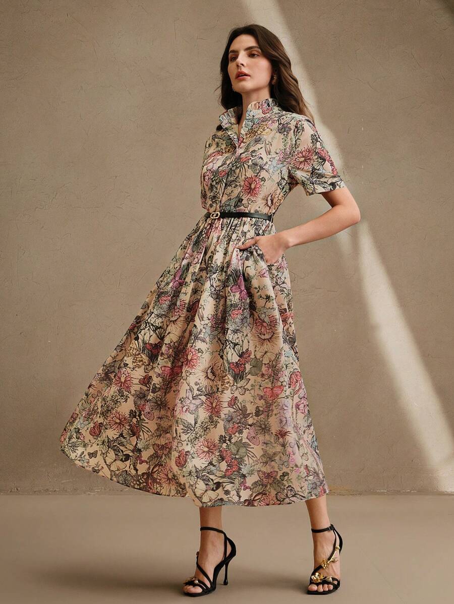 Anewsta 优雅、度假、节日彩色蝴蝶和花卉印花小领长衬衫裙，优雅女士连衣裙配腰带，女士春夏 - 彩色 - 查看 1