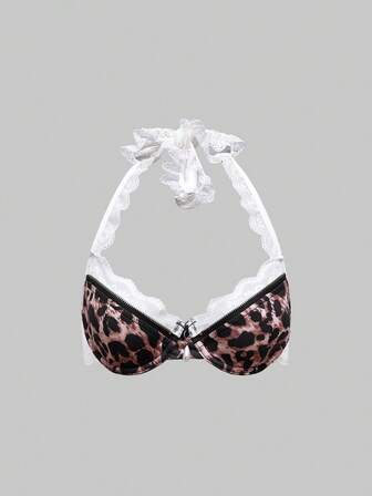 J-Fashion Y2K Fashion Leopard Print Lace Patchwork Zipper Halter Neck Tied Strap Underwire Bustier