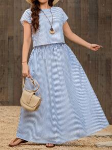 SHEIN LUNE 2pcs Plus Size Women Striped Short Sleeve Round Neck Top And Skirt Set