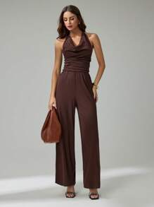 SHEIN Tall Women's Elegant Solid Color Draped Neck Ruched Jumpsuit, Summer - Brown - View 1