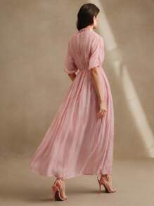 Anewsta Vestido de Tencel plisado con estampado floral teñido anudado, elegante diseño para primavera, festivales y bodas para mujeres - Rosa - Ver 6
