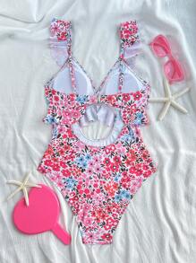 SHEIN Swim 1pc Ditsy Floral Ruffled Hollow Out One-Piece Swimsuit For Summer Beach Vacation - Multicolor - View 3