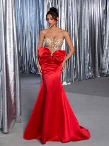 Glamrae Elegant Luxury Beaded Sequin Sexy Strapless Butterfly Decor Mermaid Dress With Trailing Train, Suitable For Wedding, Party, Prom, Evening Gown (Heavy-Duty Design)