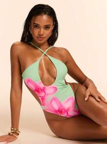 SHEIN BAE Women's Sexy Elegant Romantic Vintage Floral Print Backless High Slit One Piece Swimsuit, Vacation Wear - Green - View 1