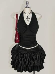 SHEIN ICON Top corto halter fruncido negro con espalda descubierta y detalle de lazo, apto para vacaciones, festivales de música, estilo punk, talla grande