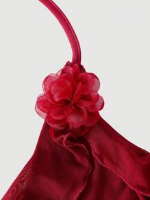 SHEIN MOD 夏季浪漫荷叶边丝带和 3D 花朵领结夏季女式上衣音乐会性感 - 酒紅色 - 查看 3