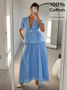 Siren Gaze 2pcs/Set Women Solid Color Short Sleeve Shirt And Pencil Skirt Summer Casual Blue - Baby Blue - View 2