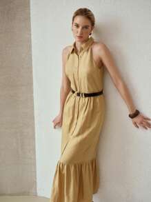 MOTF PREMIUM VÁY VẢI LANH CÓ VAI XẺO - Màu Khaki - Xem 3