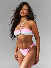 MISSGUIDED Farbverlauf Farbverlauf Bikini Set mit goldenem Zubehör, Zweiteiler Badeanzug mit Neckholder für Strand, Schwimmbad, Sommerurlaub Resort Tragen