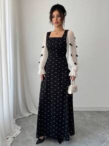 Modelyn Women's Woven Patchwork Bow Detail Long Sleeve Fitted Extra Long Dress