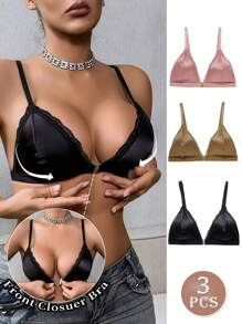 3pcs/Set Women Lace Patchwork Wireless Breathable Sexy Bra - Multicolor - View 1