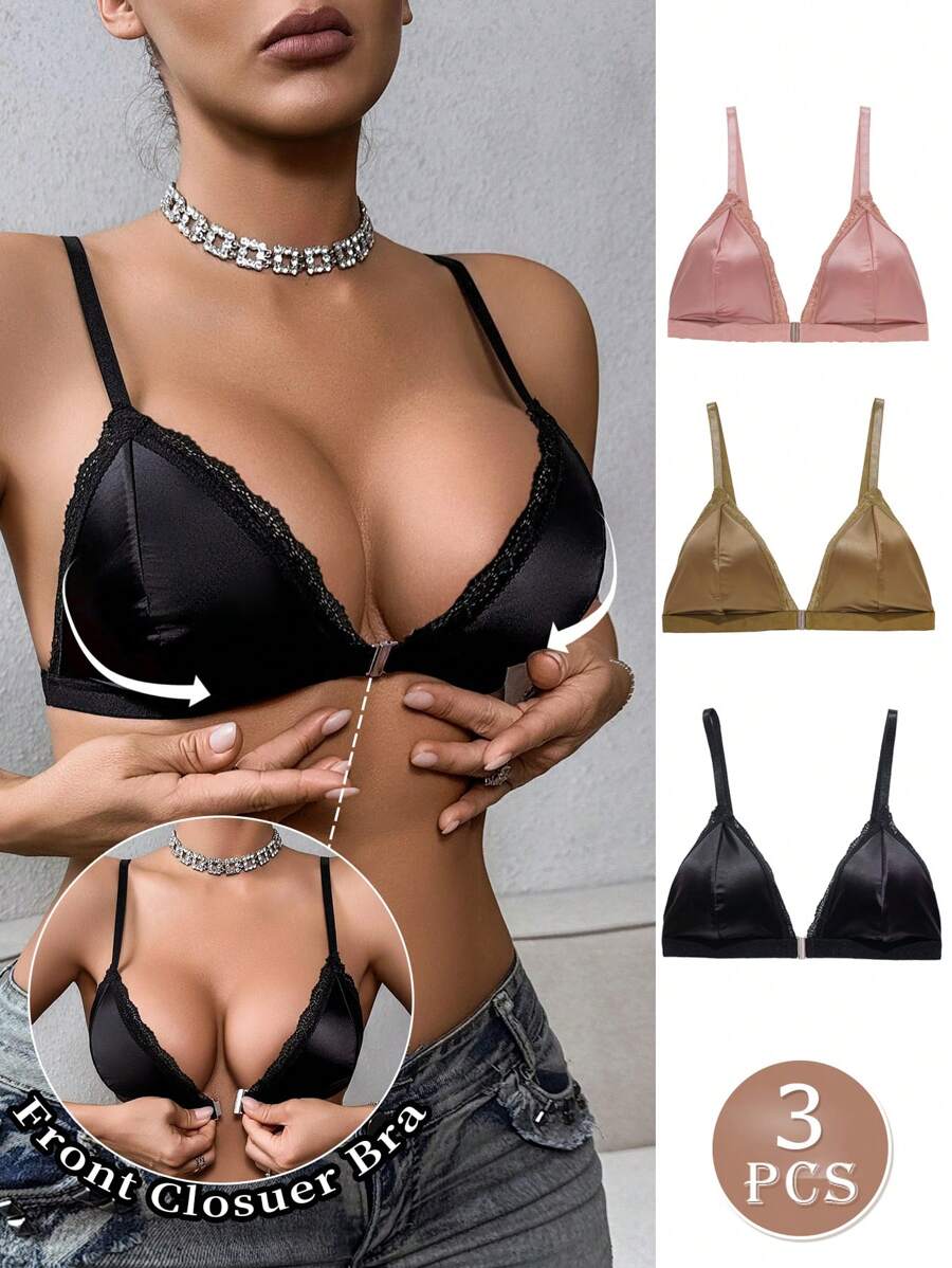 3pcs/Set Women Lace Patchwork Wireless Breathable Sexy Bra - Multicolor - View 1