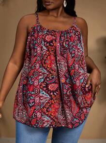 SHEIN CURVE+ Plus Size Large Women's All Over Printed Casual Top For Summer, Independence Day,4th Of July / USA / 4th Of July / 4th Of July / 4th Of July Women,Fourth Of July - Burgundy - View 6