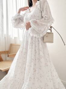 FRIFUL 女士碎花长袖荷叶边灯笼袖连衣裙，甜美可爱休闲连衣裙，适合春夏穿着，女士休闲连衣裙，生日礼物，女士白色连衣裙，夏季服装 - 彩色 - 查看 1