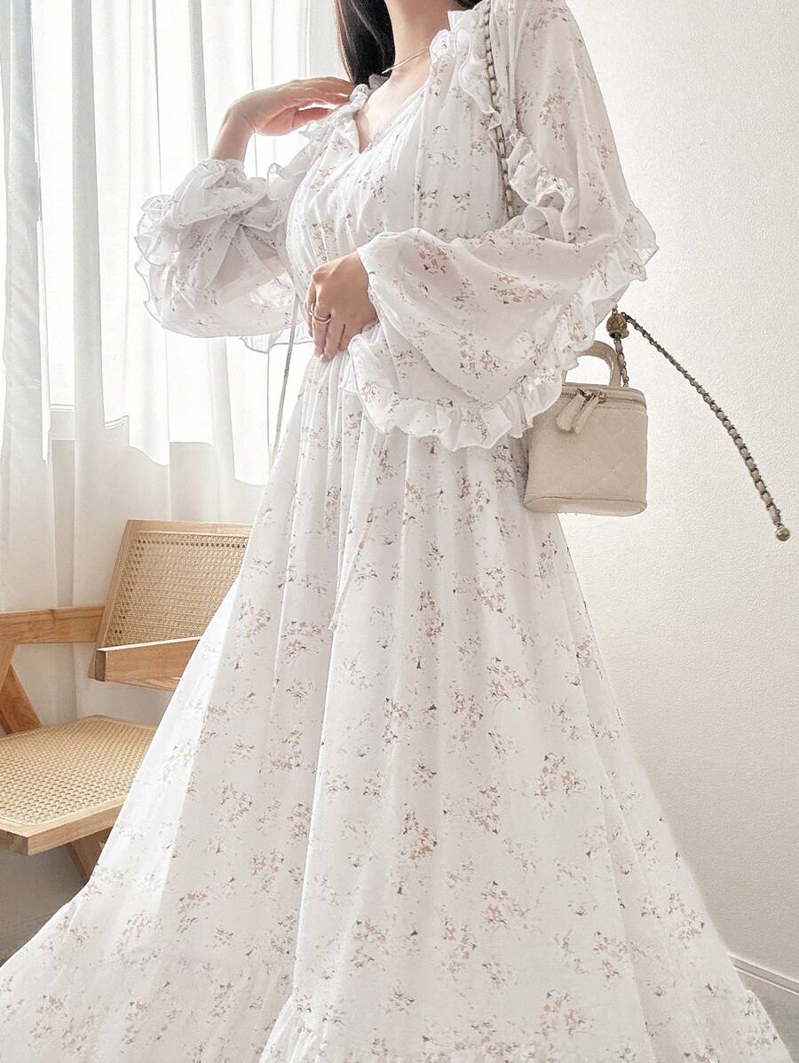 FRIFUL 女士碎花长袖荷叶边灯笼袖连衣裙，甜美可爱休闲连衣裙，适合春夏穿着，女士休闲连衣裙，生日礼物，女士白色连衣裙，夏季服装 - 彩色 - 查看 1