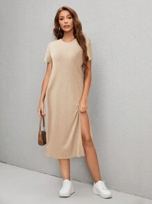 SHEIN LUNE Đầm suông hở vai tay ngắn cổ tròn màu trơn cho nữ - Màu be - Xem 3