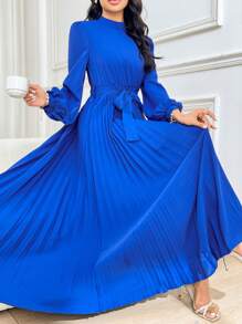 Modelyn Vestido modesto de cuello alto, mangas linterna largas, dobladillo plisado y cinturón en color rojo burdeos, vestido de noche largo - Azul - Ver 4