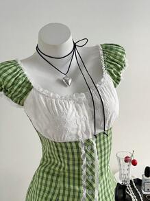 Sweetra 法式浪漫蕾丝拼布撞色格子短袖衬衫，夏季时尚小众修身女式衬衫 - 彩色 - 查看 5