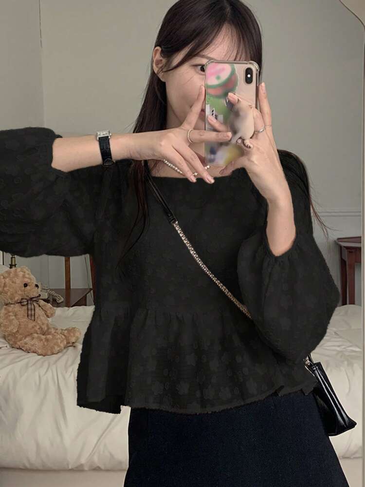 Women's Simple Textured Lantern Sleeve Ruffle Hem Black Blouse Long Sleeve Top