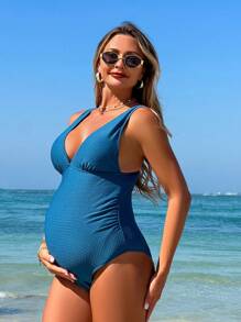 SHEIN Maternity Deep V-Neck Backless One-Piece Swimsuit, Suitable For Summer - Blue - View 4