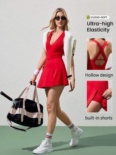 CourtClass 女士优雅运动前开衩短款连衣裙