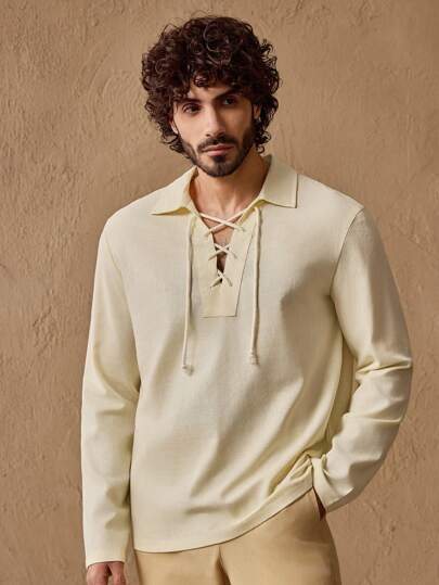 GENTILAND Men's Casual Woven Tie-Up Fitting Solid Color Knitted Shirt