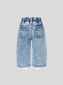 Jeans para niñas bebé, nuevos y adorables, de color azul vaquero con lazo y estampado de letras arcoíris, de algodón cómodo, pantalones rectos de moda casual holgada - Azul lavado medio - Ver 2