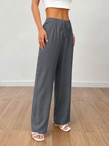 SHEIN PETITE Linne för kvinnor med hög midja sommarbyxor - Grå - Visa 7