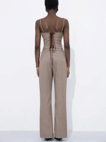 SHEIN Privé Nuevo conjunto de 2 piezas de top corto tipo bustier y pantalones de pierna acampanada a cuadros estilo vintage francés casual y relajado para mujeres jóvenes