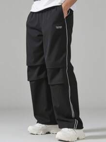 PantsHub Teen Boys 1 Piece Casual Hip-Hop Hip-Hop Style Loose Windbreaker Material Webbing Design Sports Casual Street Fashion Retro College Style Wide-Leg Pants Back To School Season; Revival; Autumn Clothing; Teen Boys' Clothes - Black - View 1