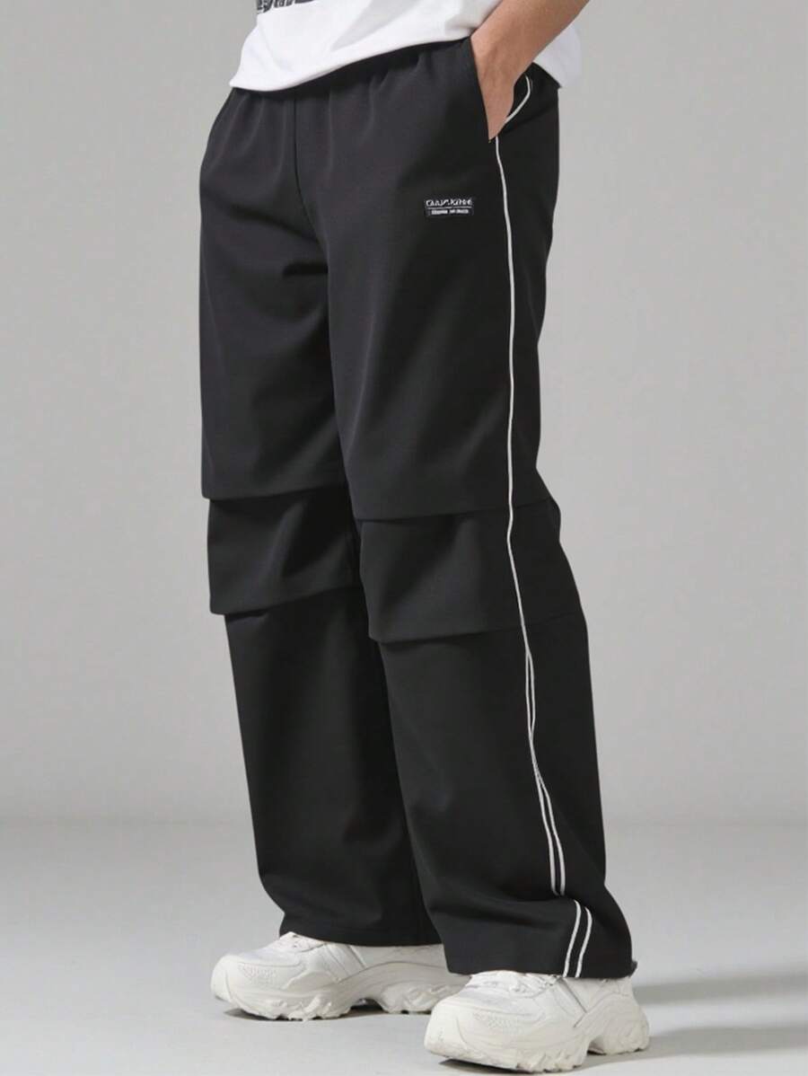 PantsHub Teen Boys 1 Piece Casual Hip-Hop Hip-Hop Style Loose Windbreaker Material Webbing Design Sports Casual Street Fashion Retro College Style Wide-Leg Pants Back To School Season; Revival; Autumn Clothing; Teen Boys' Clothes - Black - View 1