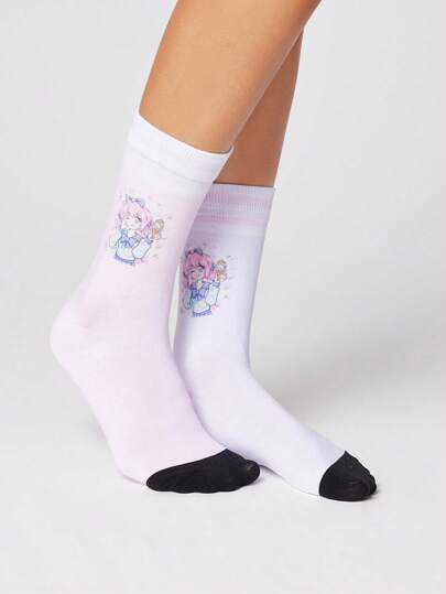 Kawaii 1 Pair Cute Cartoon Girl Striped Pink Comfortable Mid-Calf Socks For Women