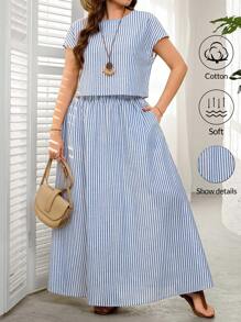 SHEIN LUNE 2pcs Plus Size Women Striped Short Sleeve Round Neck Top And Skirt Set