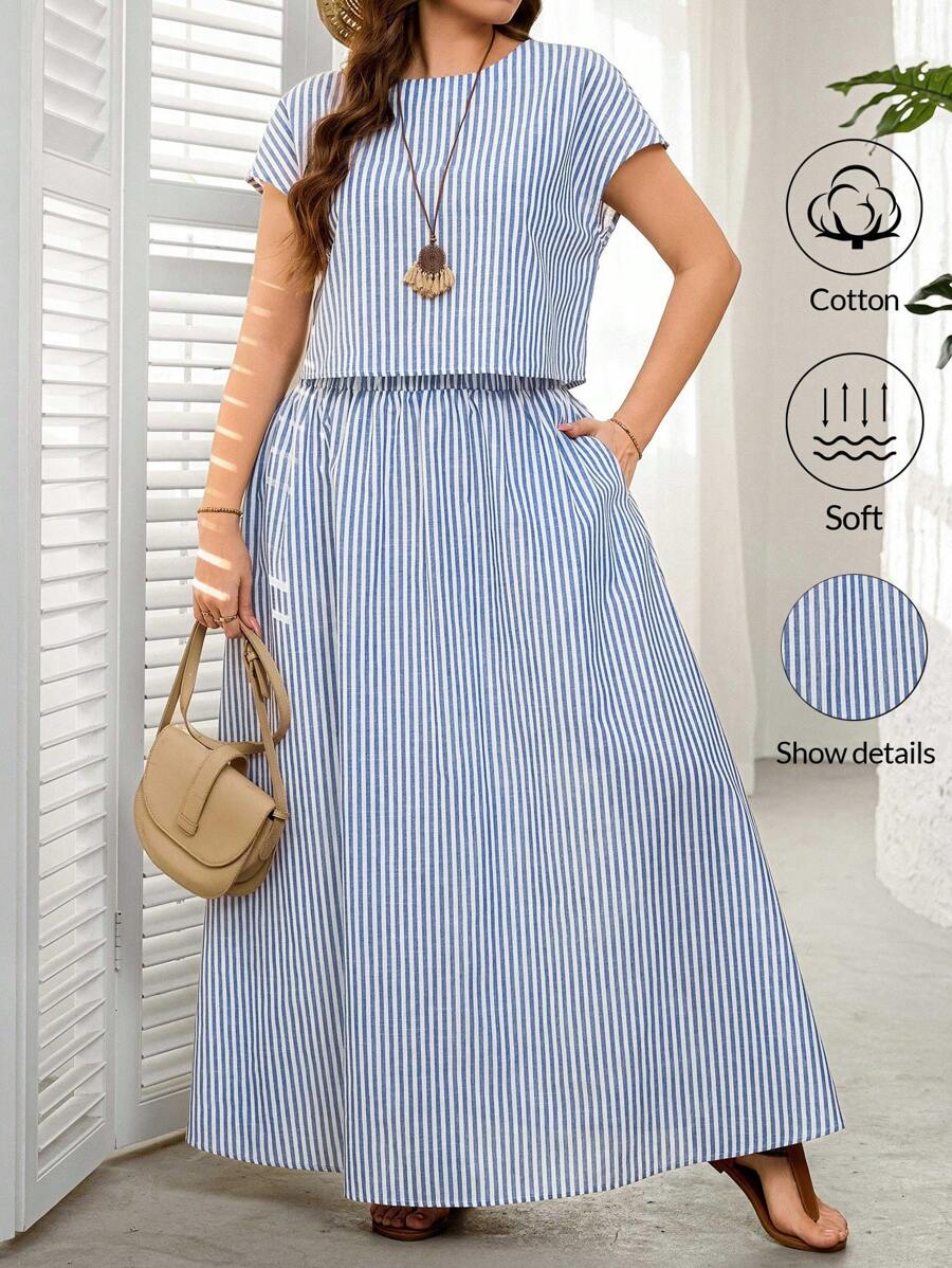 SHEIN LUNE 2pcs Plus Size Women Striped Short Sleeve Round Neck Top And Skirt Set