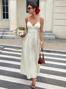 SHEIN Frenchy Váy xếp nếp thêu mùa hè mới - Màu be - Xem 3