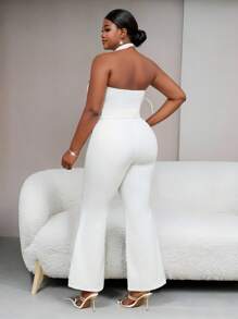 SHEIN EZwear 加大码白色牛仔连身裤，休闲紧身弹力吊带喇叭裤，女式加大码连身裤，女式加大码服装 - 白色 - 查看 2