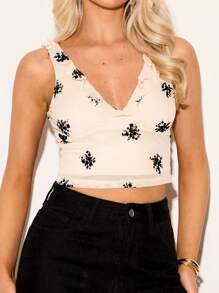 Glamine Flocked Jacquard Ruffle-Trim Casual Crop Top - Apricot - View 8