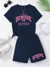 Teen Girl Letter Print Round Neck Short Sleeve Casual T-Shirt And Shorts 2 Pieces Set