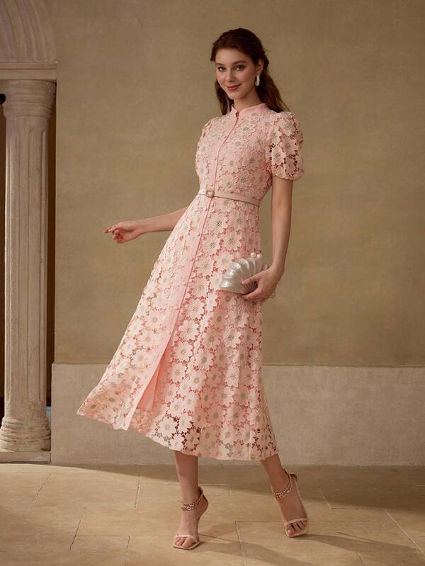 MOTF PREMIUM FLORAL EMBROIDERED STAND COLLAR PUFF SLEEVE FITTED WAISTBAND MID-CALF DRESS