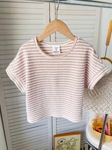 SHEIN 青少年女孩纹理提花宽松落肩短袖 T 恤，秋季上衣