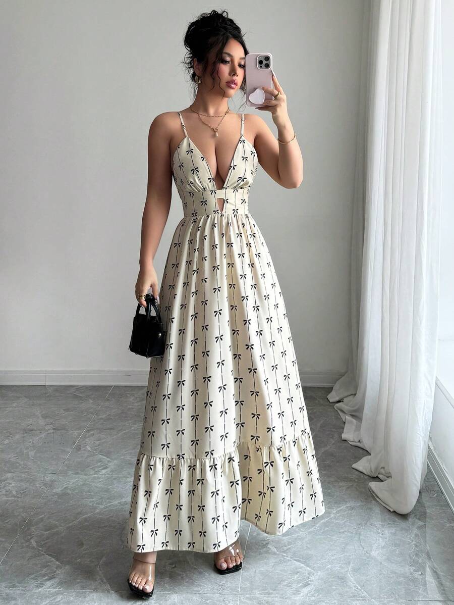 Rafferiza 女士春夏假日蝴蝶碎花V领性感镂空无袖露背细肩带长裙 - 彩色 - 查看 1